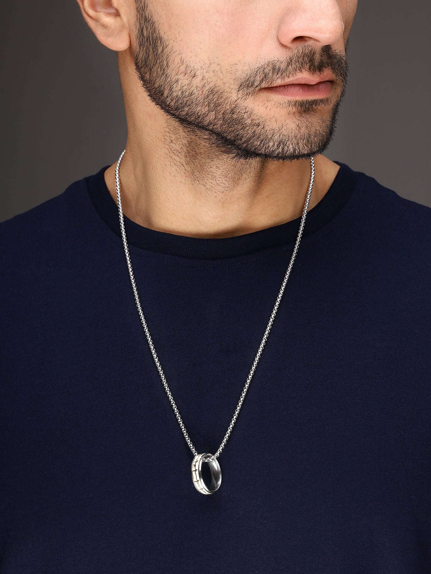 Bold by Priyaasi Silver-Plated Heartbeat Design Ring in Chain for Men