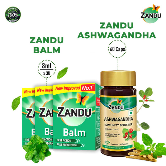 Zandu Balm Ointment (8ml Pack of 3) & Ashwa Gandha Caps (60 Units)
