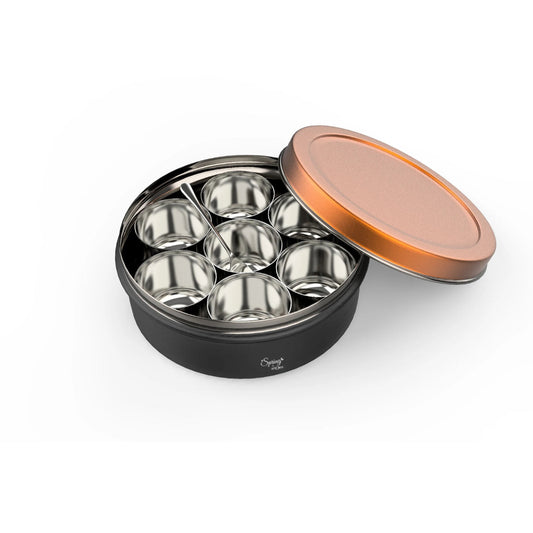 Stainless Steel Spice Box | Masala Dabba with 7 Mini Bowls & Spoon | Multipurpose Storage Container for Masala, Dry Fruits, Cookies & More (Beige-Gold / Black-Red)