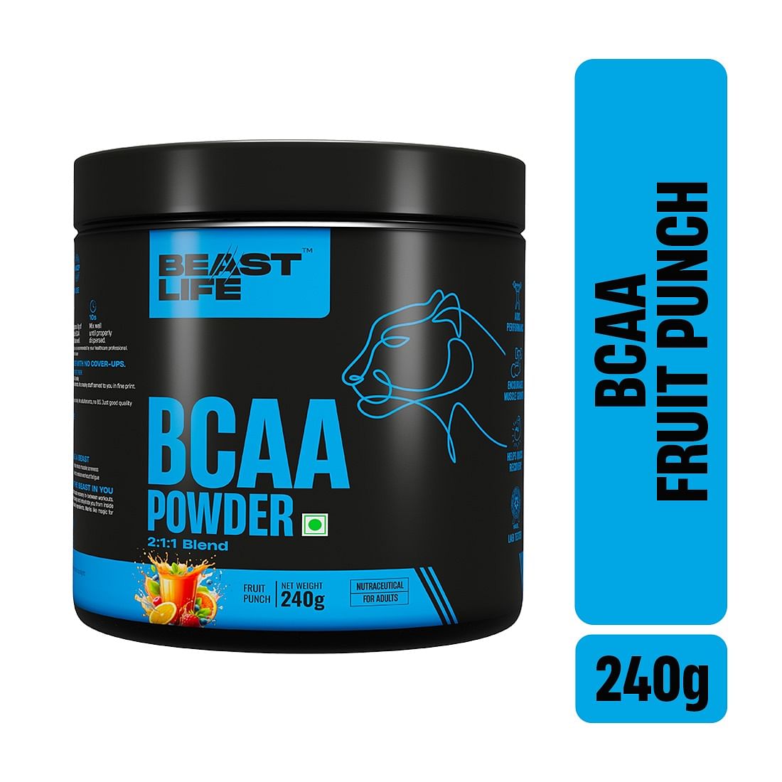 BeastLife High recovery BCAA Fruit Punch Flavour | 2:1:1 Blend 240g, Unleash your energy, Premium Sports Nutrition, High absorbtion recovery powder for Men & Women (Fruit Punch, 240g)