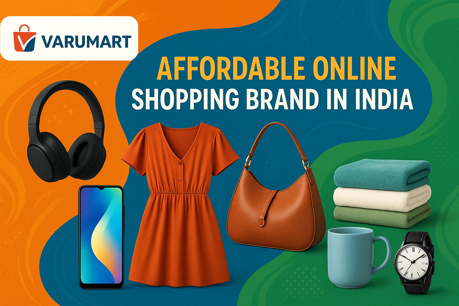 generate a banner with products available in varumart.in and use tagline affordable online shopping brand in India